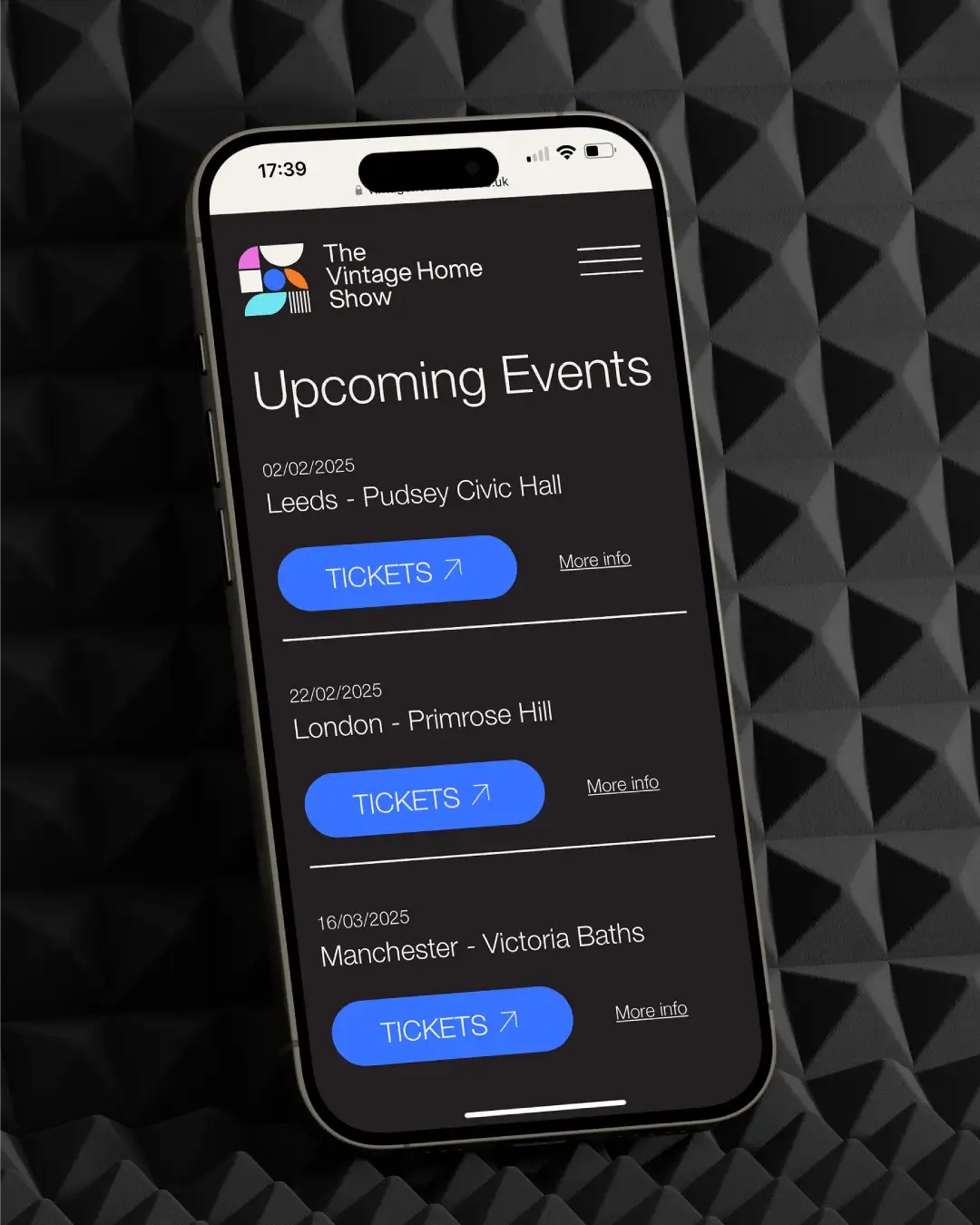 The Vintage Home Show Website displayed on an Iphone