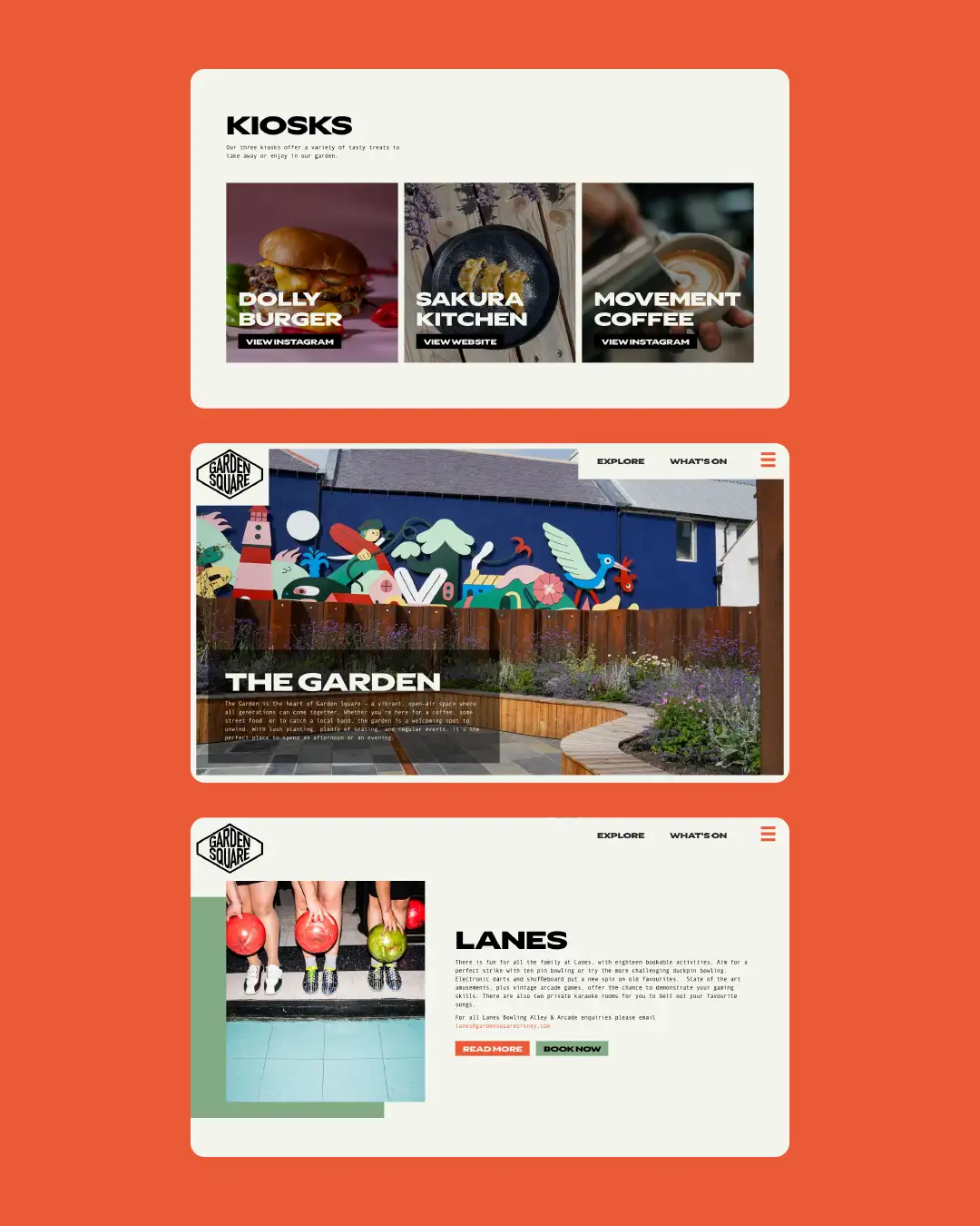 Screenshots of the garden square leisure industry website on an orange background