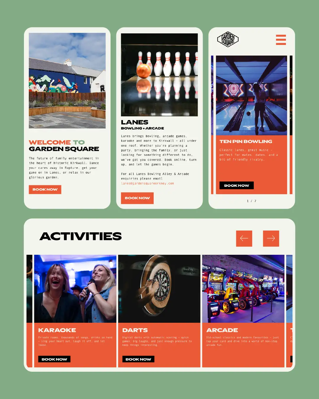 Screenshots of the garden square hospitality website on a green background