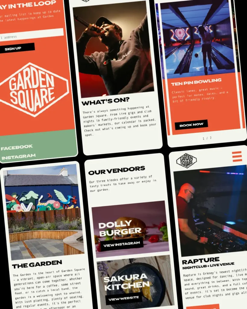Screenshots of the garden square responsive website design on mobile