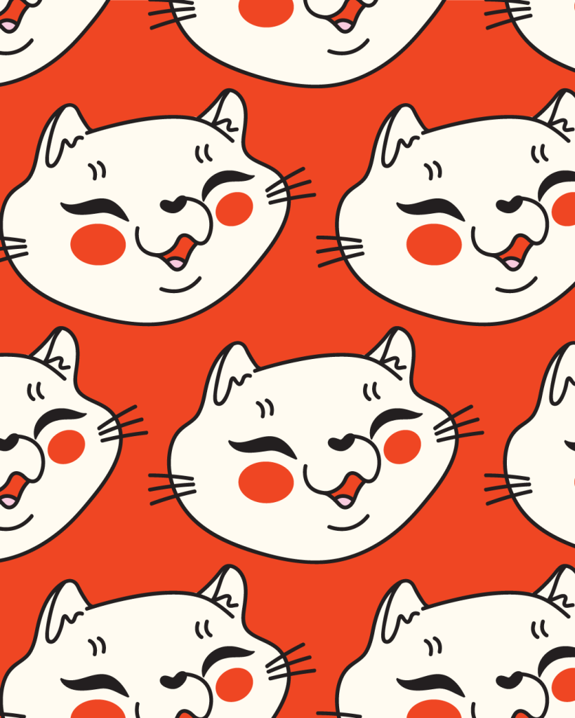 The Miso Cheesy cat as a repeated pattern on a red background