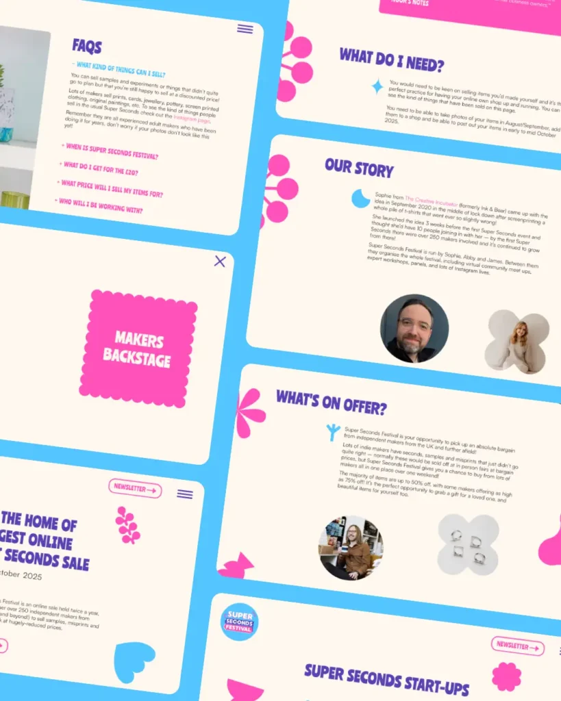 Various screenshots of the super seconds website