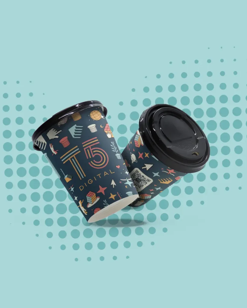 Coffee cup with the t5 digital branding