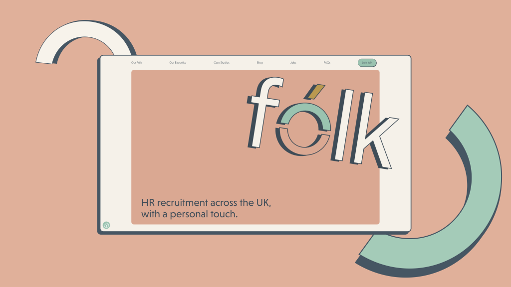 A screen shot of Folk recruitments home page amongst floating elements of their logo