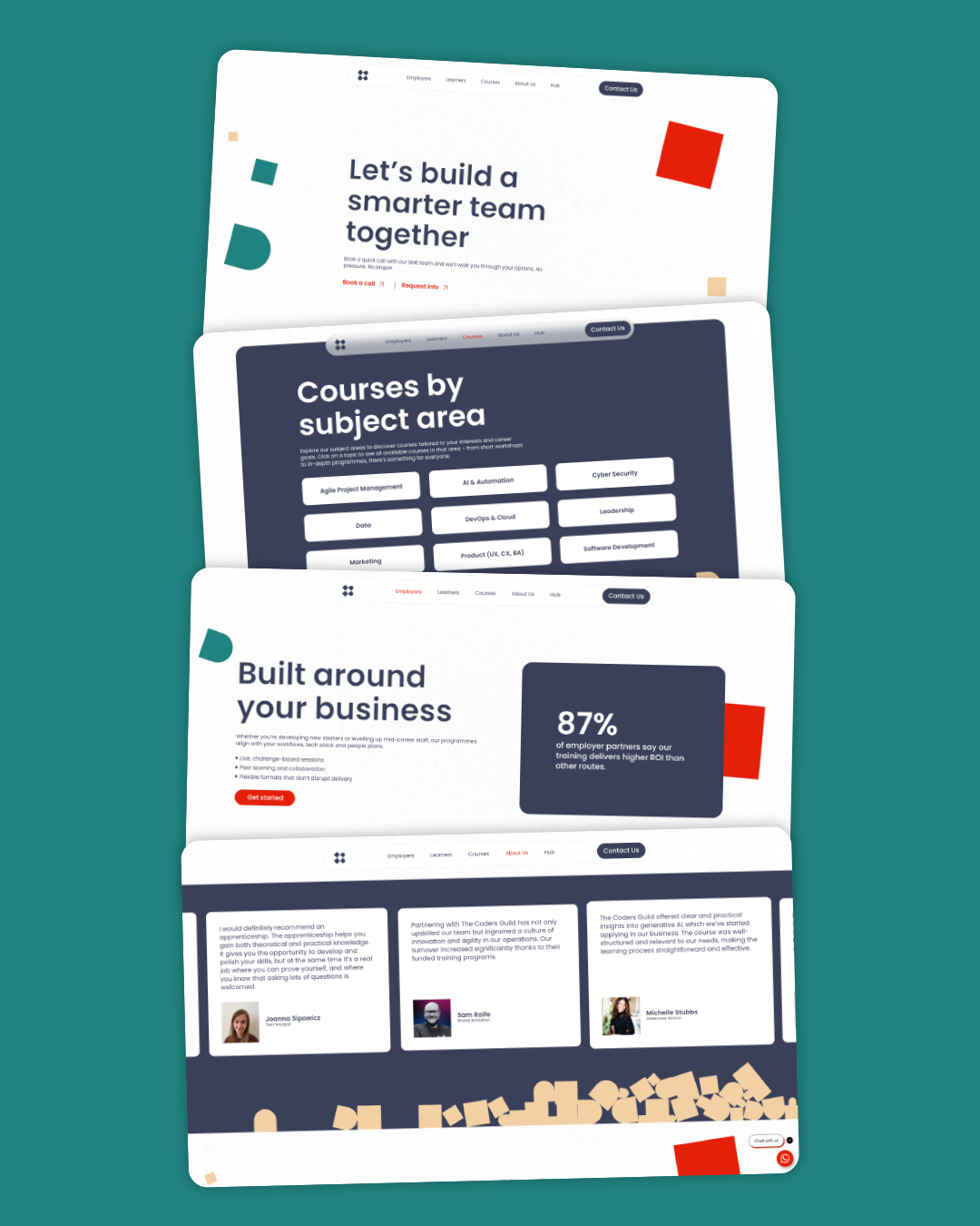 Various screenshots of the coders guild website on desktop