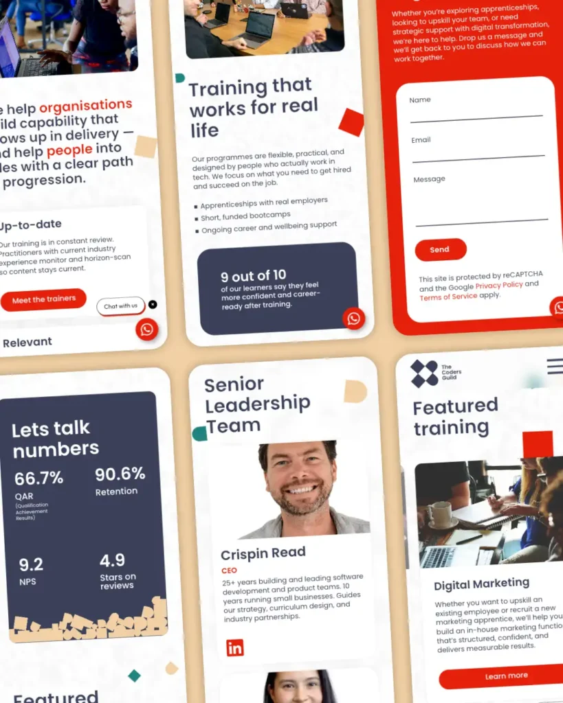 Various screenshots of the coders guild website on mobile