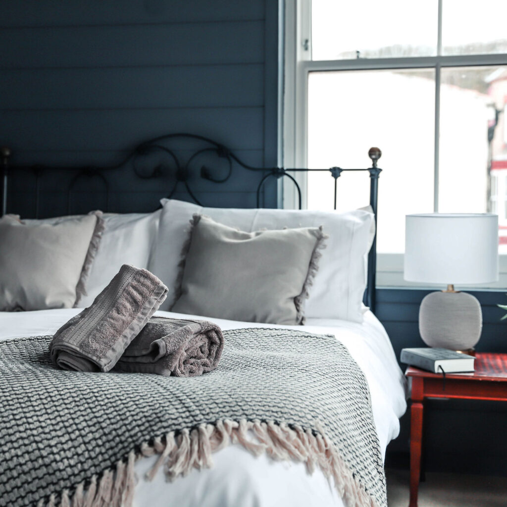 A cosy hotel bedroom at The Endeavour, Staithes in North Yorkshire.